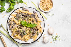 Vegan Pasta with Mushrooms and Cashew Cream Recipe paired with Malbec, Zinfandel, Merlot, Petite Syrah of BOXT Profile Six