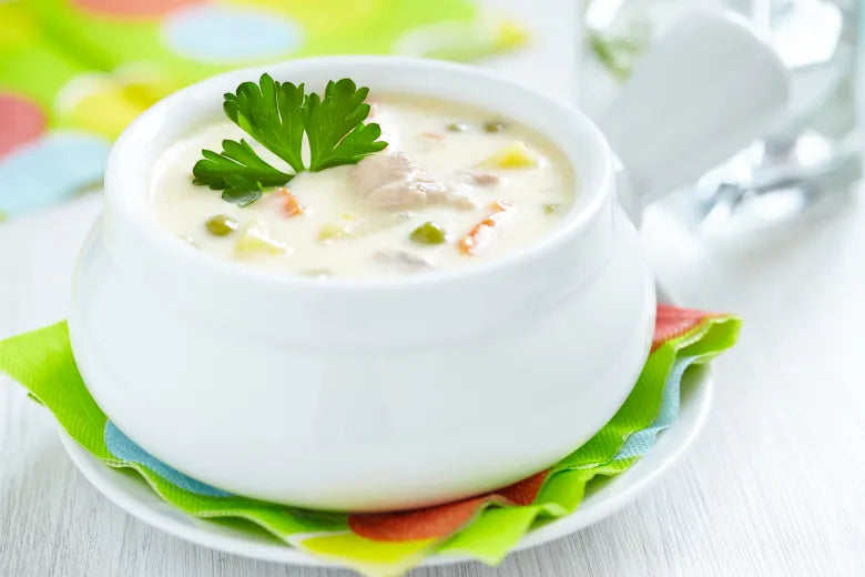 Dairy Free Chicken Pot Pie Soup Recipe paired with chardonnay or BOXT Profile Two